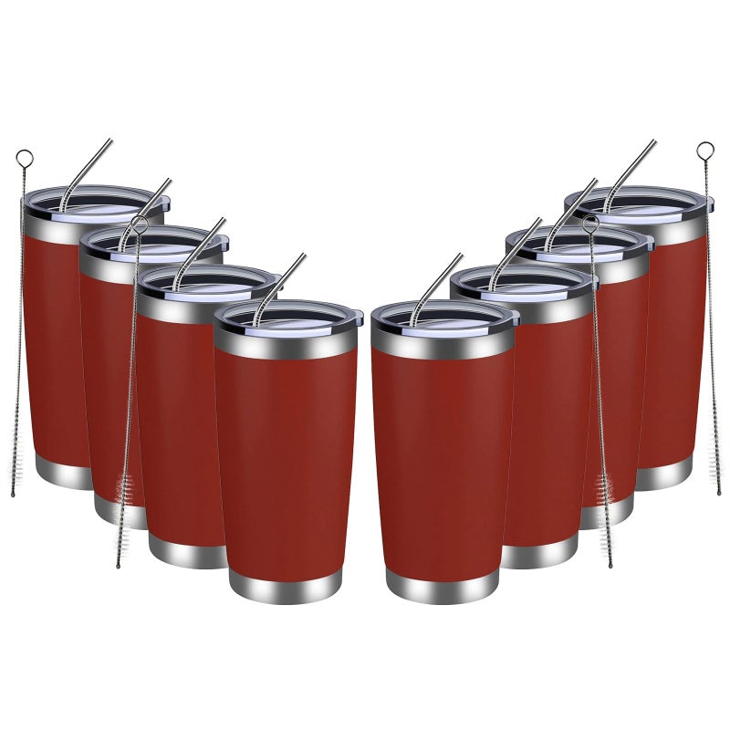 MEWAY 20oz Tumbler 8 Pack Double Wall Vacuum Insulated Travel Mug Bulk, Stainless Steel Tumblers with Lid and Straw, Powder Coated Coffee Cups for Cold & Hot Drinks (Red, Set of 8) - Image 1